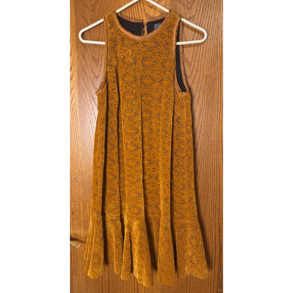 Anthropologie Maeve Amis Faux Suede Swing Dress Mustard/Yellow brown women Sz 4